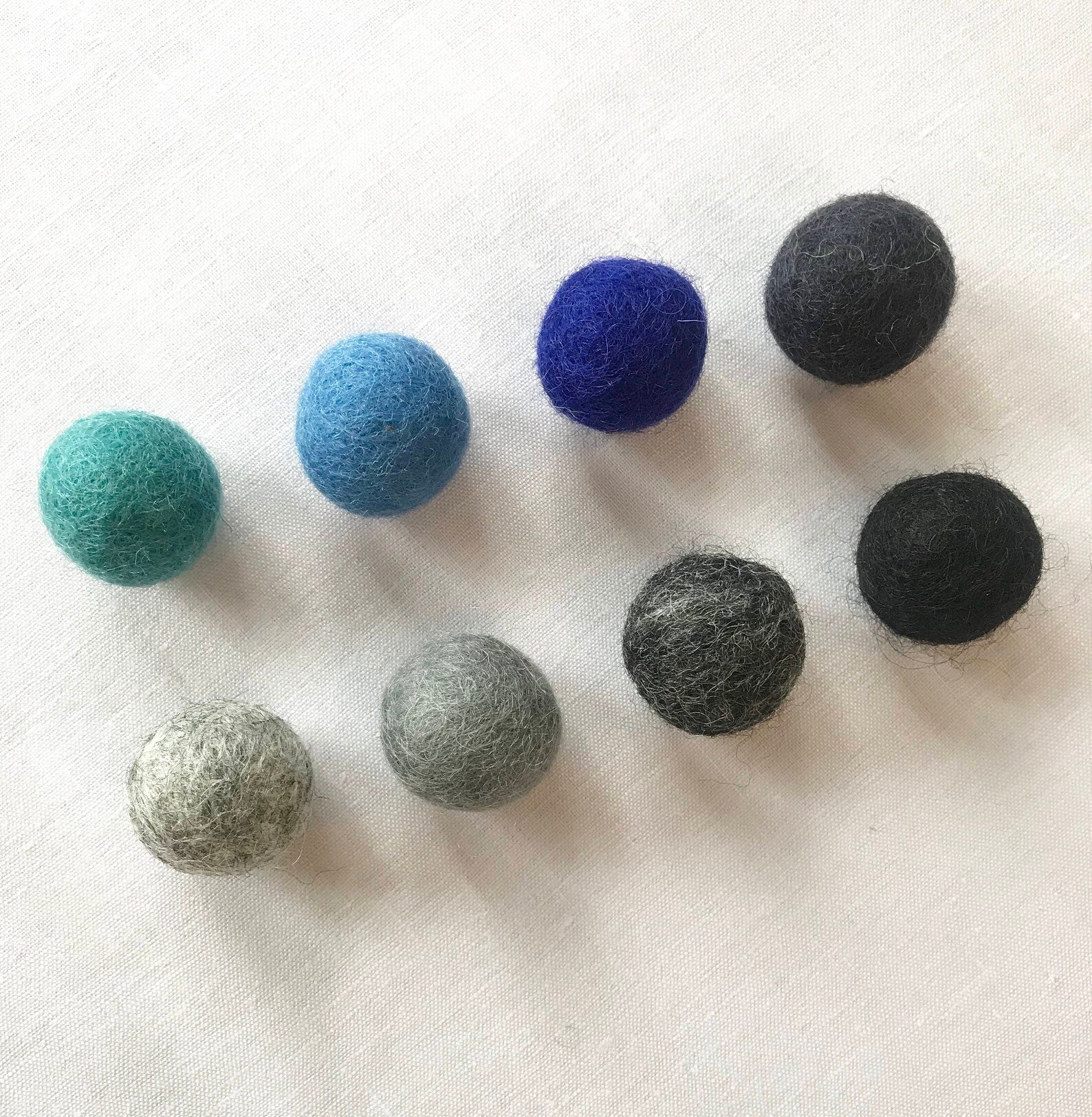 Little Lark Felt Balls Teal, Cobalt, Lapis Blue, Navy Blue, Black, Charcoal, Medium Grey, Heather Grey